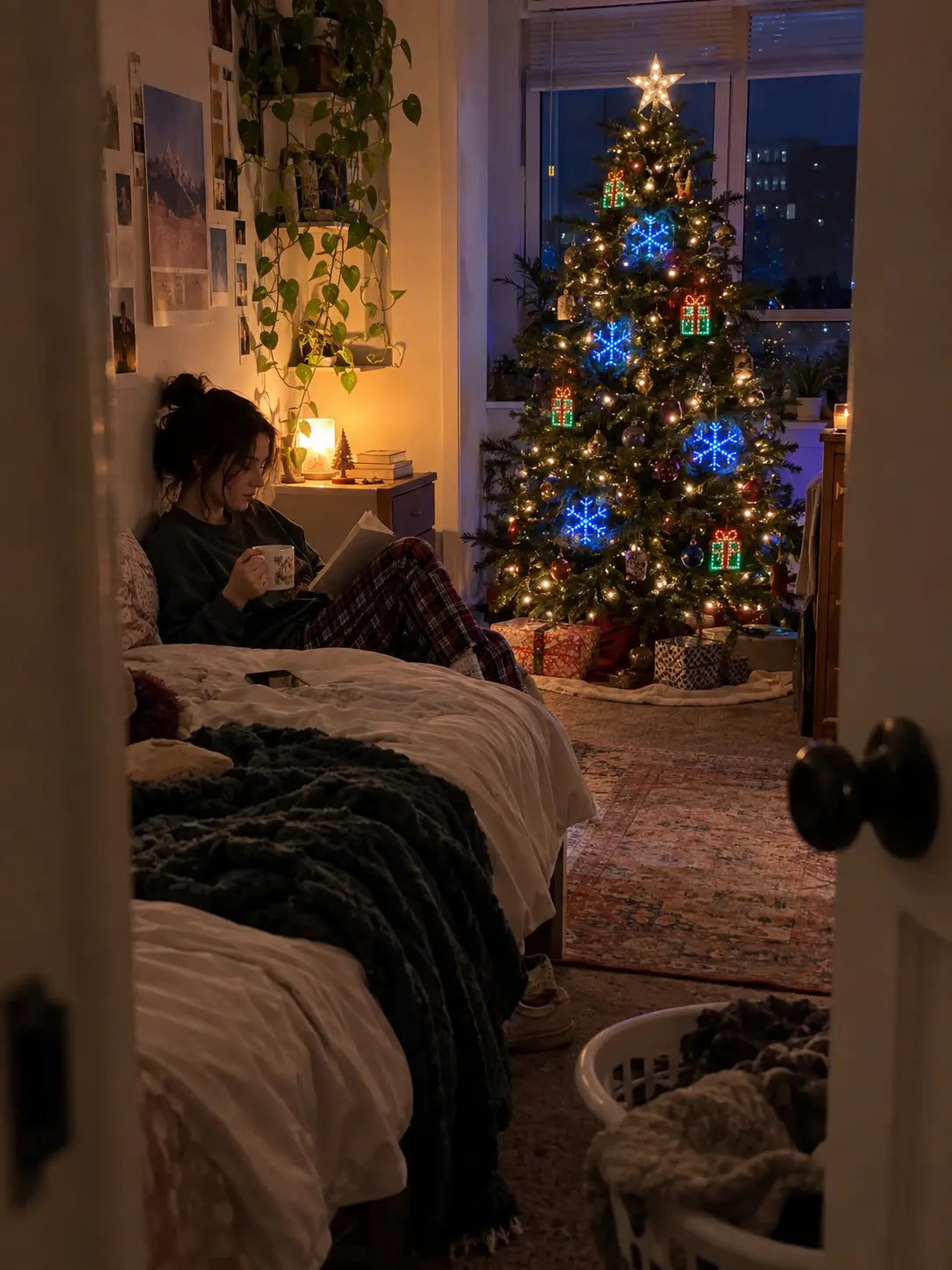 Candid bedroom phone photo with violet and blue smart tree lights