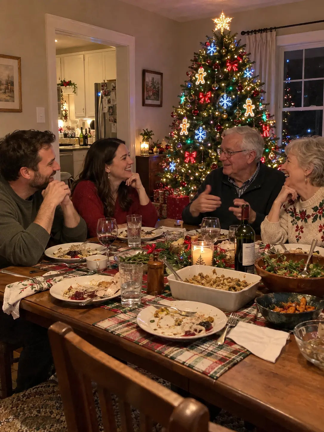 Candid indoor evening phone photo with older man at dining table and gingerbread smart tree lights